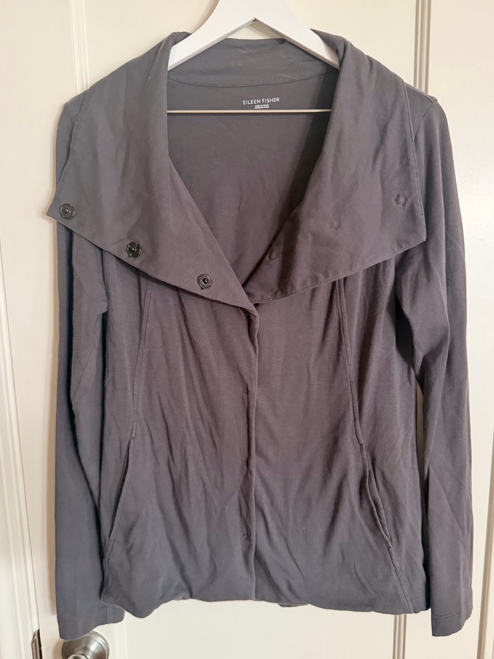 Eileen Fisher Charcoal Gray Snap Front Cotton Cardigan